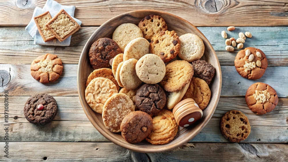 A Rustic Bowl Filled with a Variety of Homemade Cookies, Displayed on a Weathered Wooden Table A Rustic Bowl Filled with a Variety of Homemade Cookies, Displayed on a Weathered Wooden Table