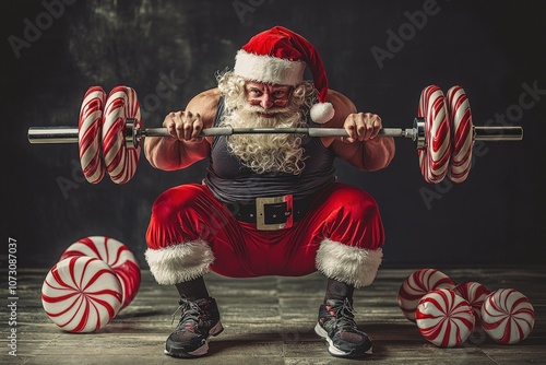 A muscular Santa Claus in a festive outfit squats with a barbell made of candy canes, surrounded by peppermint candies.