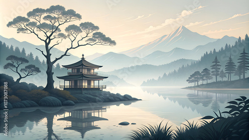 Beautiful minimalist Japanese-style landscape with a lake in the highlands.