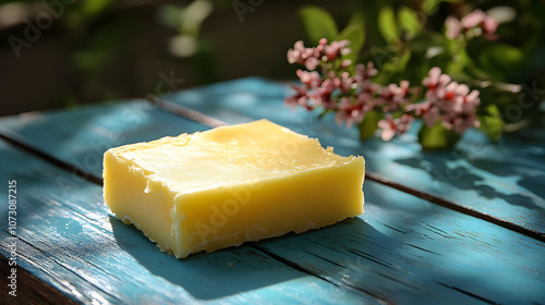 Yellow Soap Bar on Blue Wooden Table - Photo