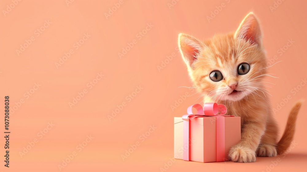 A cute orange tabby kitten looking at a pink gift box on a pink background. A cute orange tabby kitten looking at a pink gift box on a pink background.
