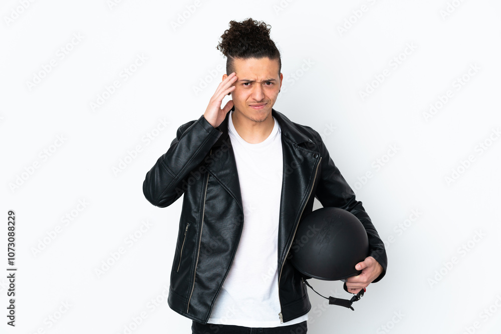 Caucasian man with a motorcycle helmet over isolated white background unhappy and frustrated with something. Negative facial expression Caucasian man with a motorcycle helmet over isolated white background unhappy and frustrated with something. Negative facial expression