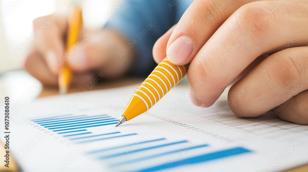 Hands holding colored pens over financial charts and graphs for analysis. Hands holding colored pens over financial charts and graphs for analysis.