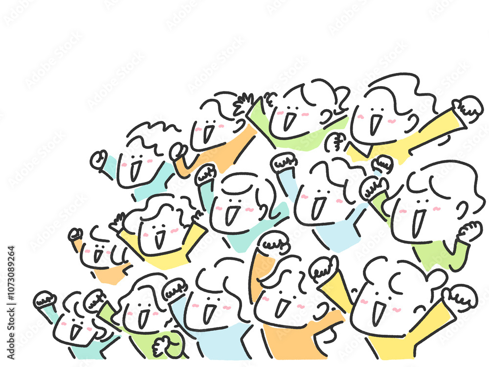 拳を上げて盛り上がる大勢の女性達 手描きイラスト 拳を上げて盛り上がる大勢の女性達 手描きイラスト