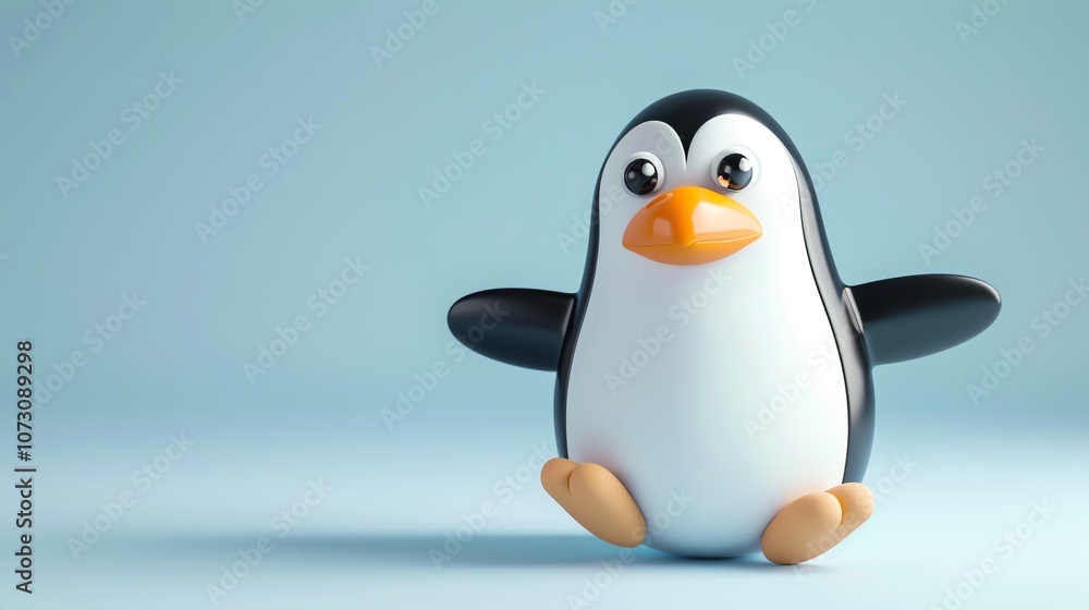Fototapeta premium A cute cartoon penguin with big eyes sitting on a light blue background.
