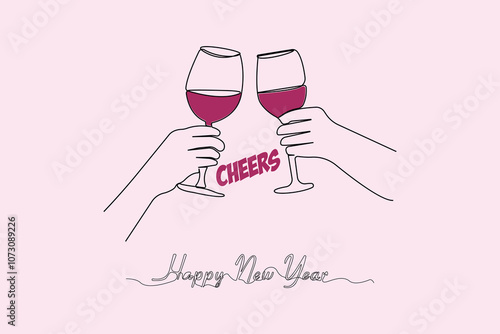 Happy New Year concept line art background.Hands holding wine glass and celebrating concept line art. 