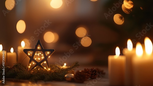 Festive close-up of menorah and Star of David surrounded by warm candle glow for cozy holiday setting. Hanukkah photo