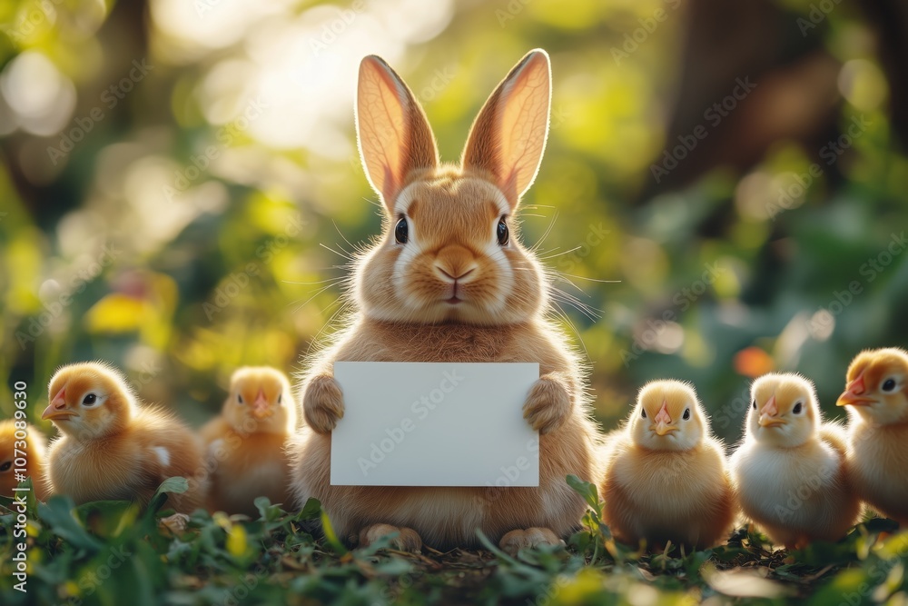 Jolly easter bunny holding blank sign surrounded by chicks in springtime garden Jolly easter bunny holding blank sign surrounded by chicks in springtime garden