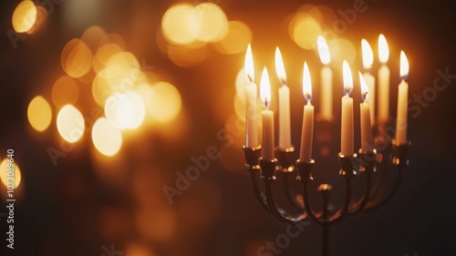 Modern Hanukkah menorah in minimalist style, with warm candlelight and cozy background for sacred celebration. Hanukkah