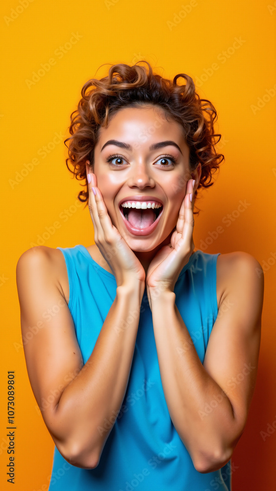 Excited Young Woman with Short Wavy Hair and Big Smile: Perfect for Advertising Positive Emotions or Beauty Products Excited Young Woman with Short Wavy Hair and Big Smile: Perfect for Advertising Positive Emotions or Beauty Products