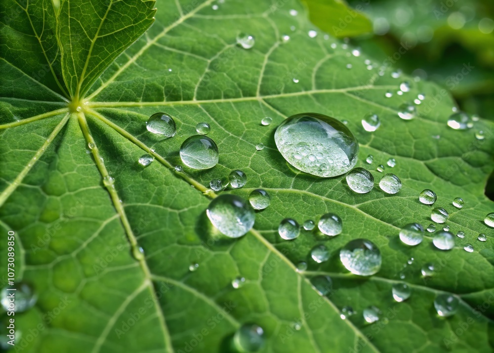Macro Photography of Dew Drops on a Lush Green Leaf, Capturing Nature's Beauty in Stunning Detail and Vibrancy, Perfect for Environmental and Botanical Themes Macro Photography of Dew Drops on a Lush Green Leaf, Capturing Nature's Beauty in Stunning Detail and Vibrancy, Perfect for Environmental and Botanical Themes