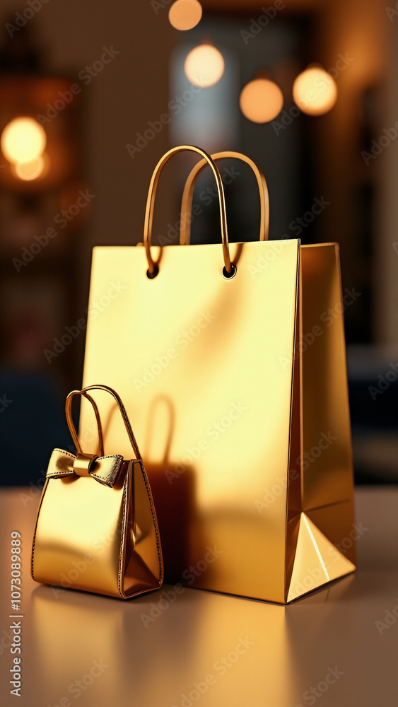 Luxurious Gold Shopping Bags: Elegant Retail Imagery for High-End Boutiques and Holiday Promotions Luxurious Gold Shopping Bags: Elegant Retail Imagery for High-End Boutiques and Holiday Promotions