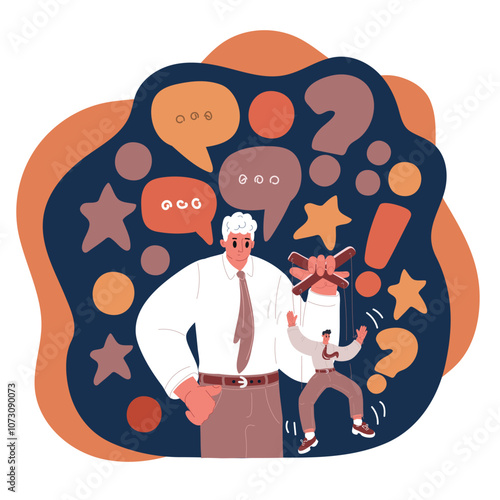 Cartoon vector illustration of a boss manipulating an employee like a puppet, symbolizing power, control, and workplace manipulation over dark background