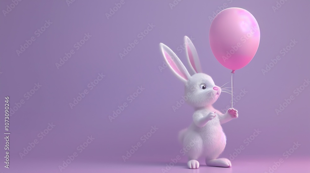 Fototapeta premium A cute white cartoon bunny holds a pink balloon on a purple background.