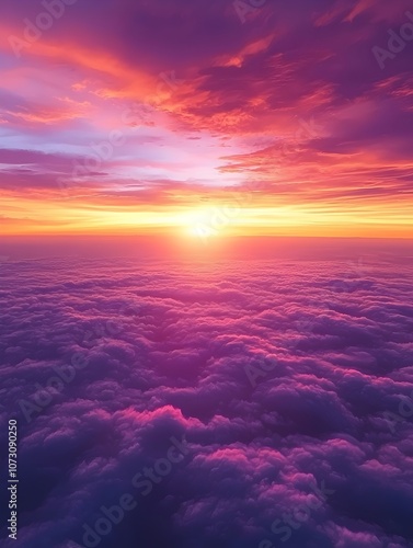 A breathtaking view of purple and orange hues painting the sky at sunrise, with soft clouds blanketing the horizon, creating a tranquil and ethereal ambiance.