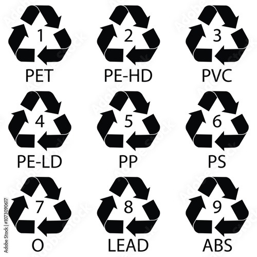 Numbers set of recycling symbol. The number in the triangle indicates the type of plastic. 1to9 number. Numbers set in recycling symbols. Vector illustration. 