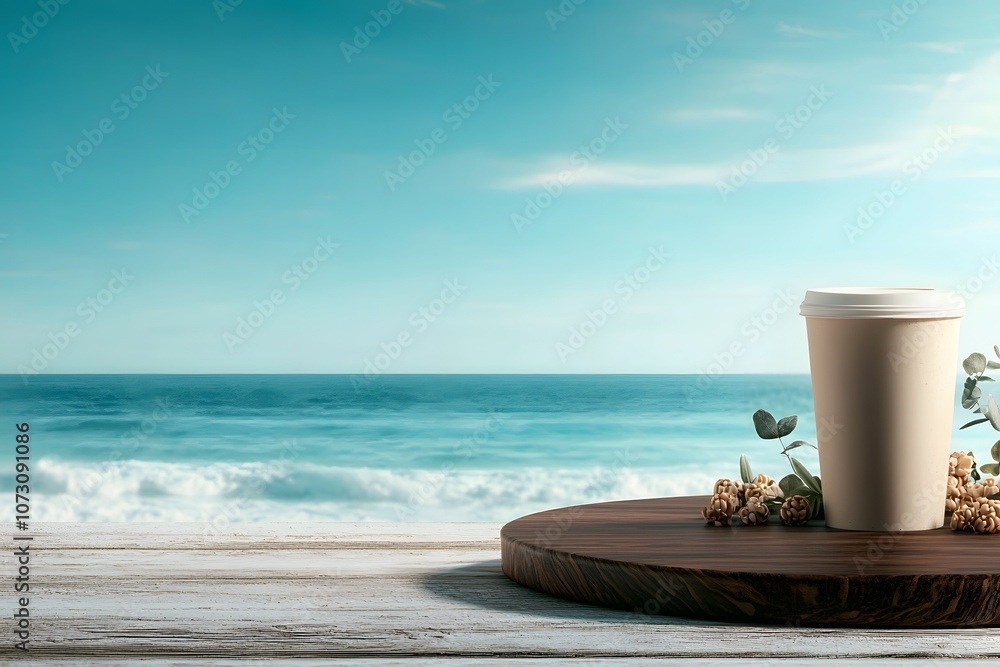 Serene Scene Featuring a Dark Brown Wooden Table Set Against a Calm Ocean Backdrop with a Coffee Cup and Delicate Floral Accents Serene Scene Featuring a Dark Brown Wooden Table Set Against a Calm Ocean Backdrop with a Coffee Cup and Delicate Floral Accents