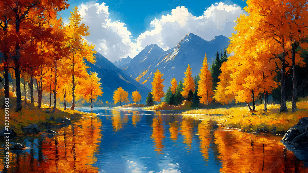 Naklejka premium Autumn Landscape Painting with River and Mountains