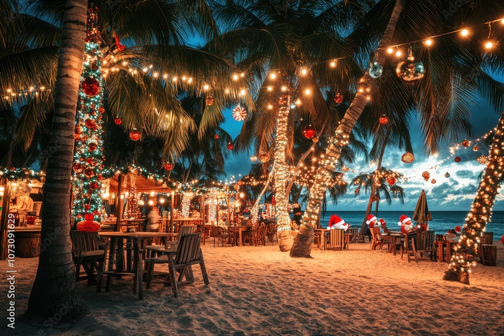 Christmas lights on a tropical beach with palm trees Christmas lights on a tropical beach with palm trees