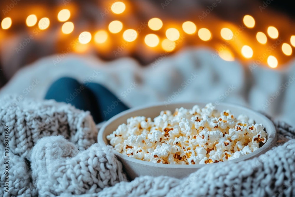 Cozy holiday movie night with popcorn and festive lights Cozy holiday movie night with popcorn and festive lights
