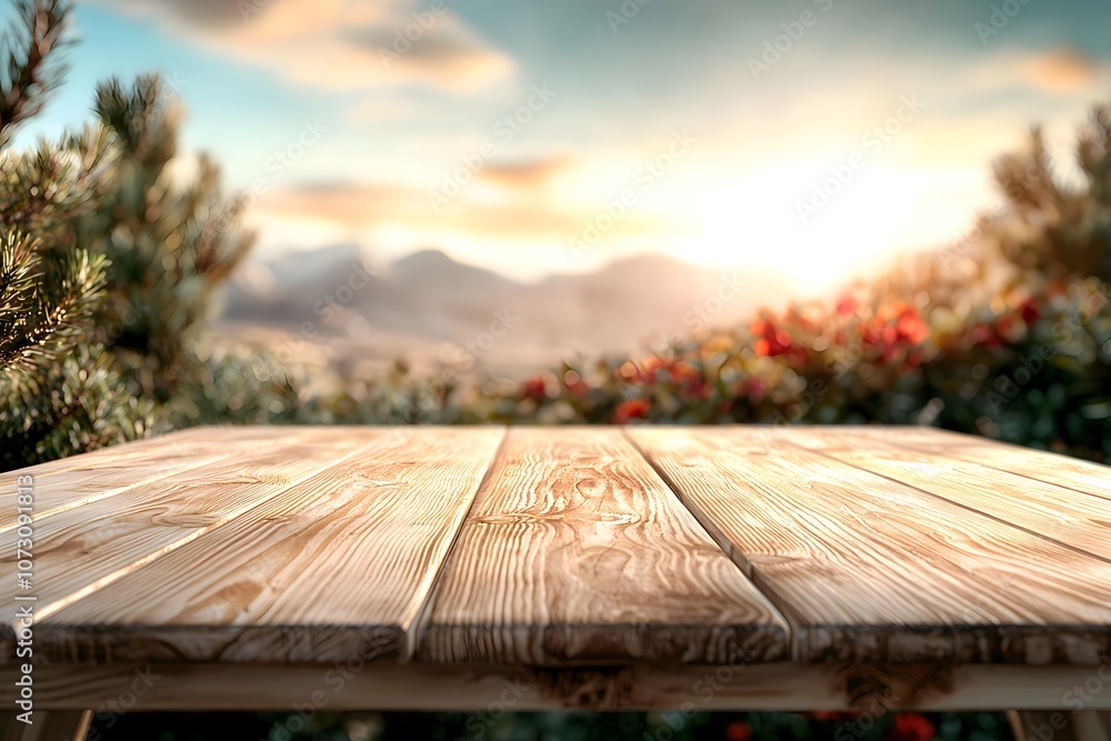 Glossy Light Pine Wood Table Set Outdoors Amidst Blooming Flora with Soft Sunrise Glow Illuminating the Natural Landscape in the Background Glossy Light Pine Wood Table Set Outdoors Amidst Blooming Flora with Soft Sunrise Glow Illuminating the Natural Landscape in the Background