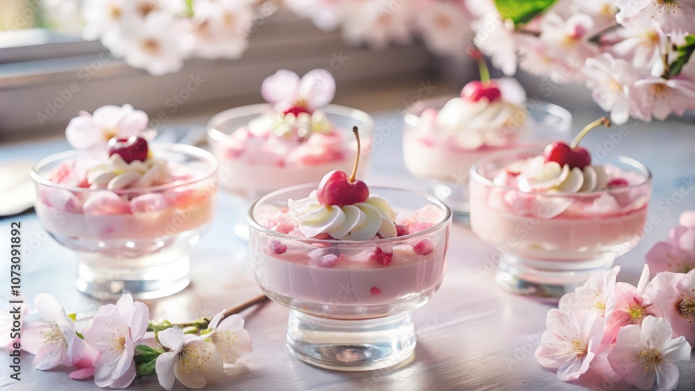 Delicate pink cherry desserts with a touch of white cream and delicate pink flowers resting on a white background. Delicate pink cherry desserts with a touch of white cream and delicate pink flowers resting on a white background.