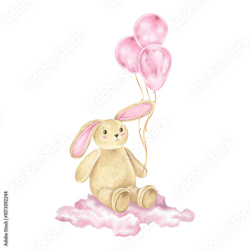 Adorable watercolor bunny toy illustration, holding pink pastel balloons and flying on fluffy clouds. This cute hand drawn clipart against a white background perfect for baby showers or nursery decor