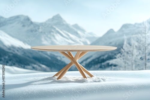 Wallpaper Mural Elegant Light Oak Wood Table Set Against a Serene Winter Landscape of Fresh Snow and Majestic Mountains, Capturing a Stylish and Minimalist Aesthetic Torontodigital.ca