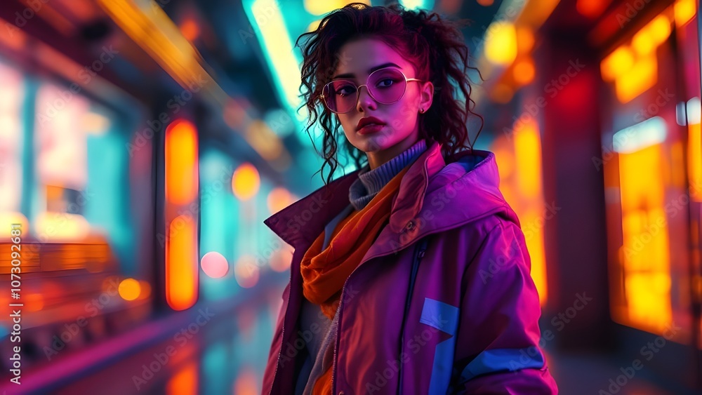 Neon city scape woman with hip hop style streetwear and glasses with model beauty youth Neon city scape woman with hip hop style streetwear and glasses with model beauty youth