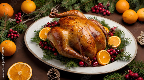 A large turkey is surrounded by fruit and candles on a table. Scene is festive and celebratory, as it is a Christmas dinner