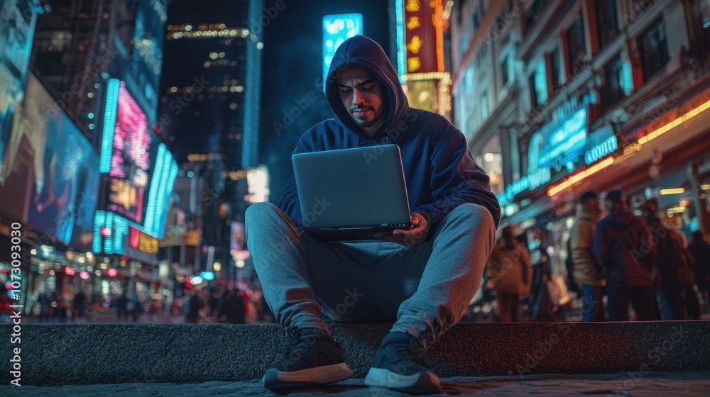 The Man Using Laptop Outdoors The Man Using Laptop Outdoors