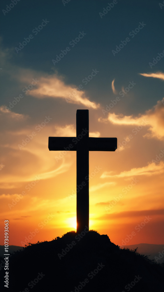 Silhouette of Cross at Sunset: Spiritual Landscape for Religious Websites, Church Bulletins, or Inspirational Media Silhouette of Cross at Sunset: Spiritual Landscape for Religious Websites, Church Bulletins, or Inspirational Media