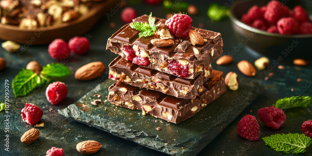 A stack of chocolate bars with raspberries on top A stack of chocolate bars with raspberries on top