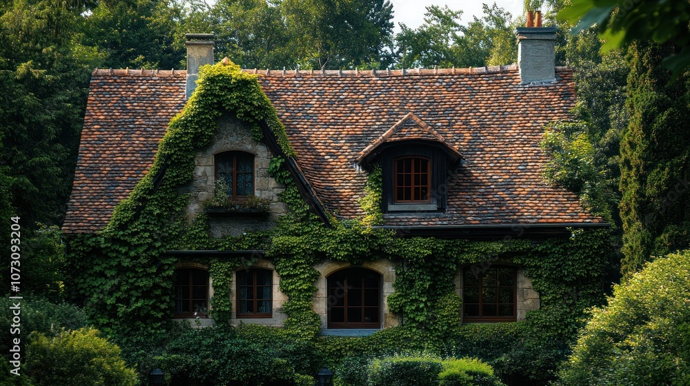 A charming stone house with a green ivy covered roof and windows, surrounded by greenery. A charming stone house with a green ivy covered roof and windows, surrounded by greenery.