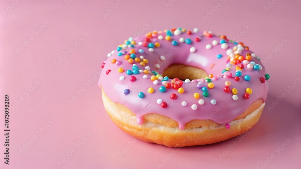 A single pink glazed donut with colorful sprinkles on a pastel pink background. It is an irresistible treat with a sugary glaze. A single pink glazed donut with colorful sprinkles on a pastel pink background. It is an irresistible treat with a sugary glaze.