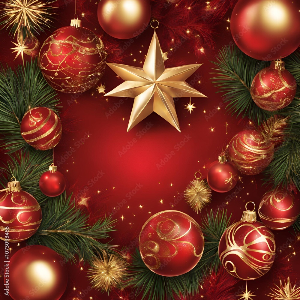 Christmas Background with Red and Gold Decorations, Stars, and Pine Branches on Red Backdrop
Christmas Background with Red and Gold Decorations, Stars, and Pine Branches on Red Backdrop