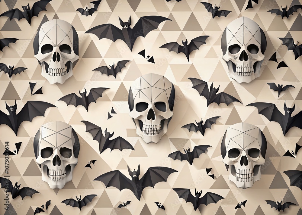 Minimalistic Halloween Banner with Geometric Silhouettes of Skulls and Bats in a Repeating Pattern for Stylish Seasonal Decor Minimalistic Halloween Banner with Geometric Silhouettes of Skulls and Bats in a Repeating Pattern for Stylish Seasonal Decor