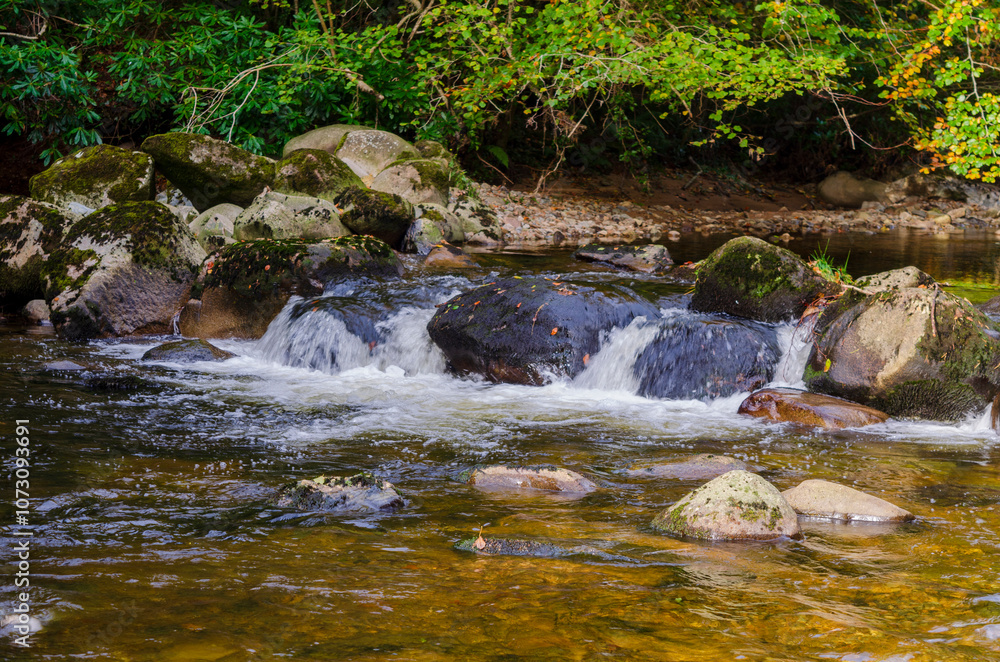 River flowing over moss covered rocks in Mourne Park County Down Northern Ireland