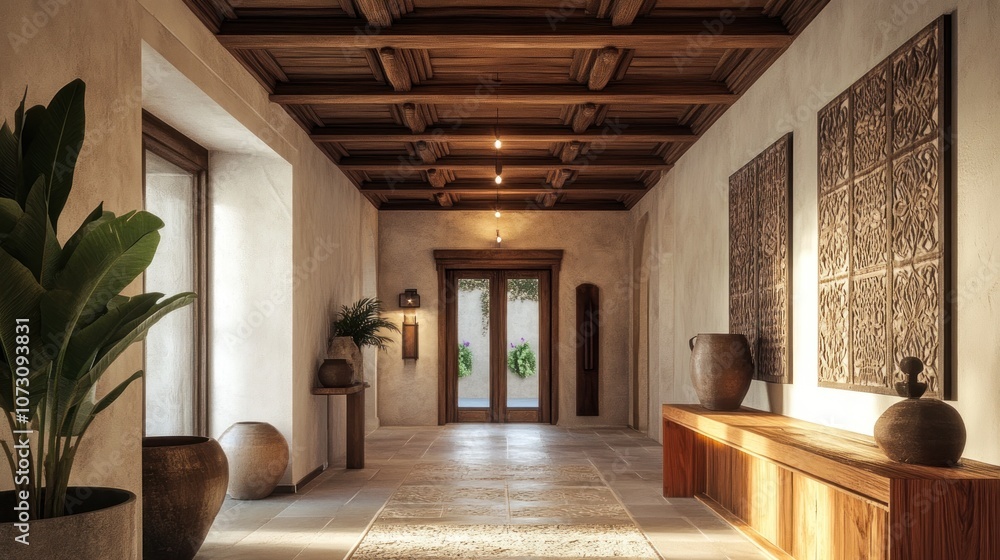 A long hallway with high ceilings and wooden beams. There are two large doors at the end of the hallway, and several plants and pots are arranged along the walls. A long hallway with high ceilings and wooden beams. There are two large doors at the end of the hallway, and several plants and pots are arranged along the walls.