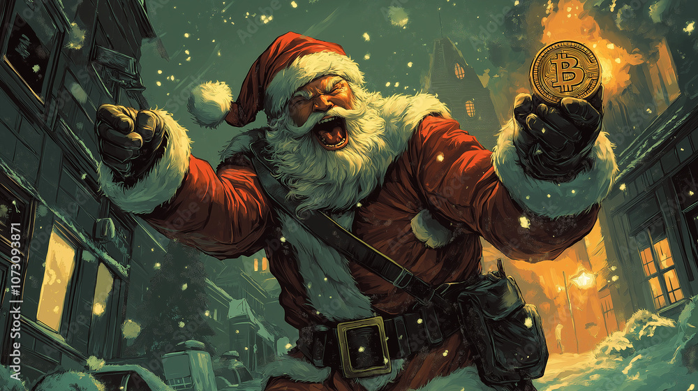Dynamic Santa Holding Bitcoin in Epic Winter Scene Dynamic Santa Holding Bitcoin in Epic Winter Scene