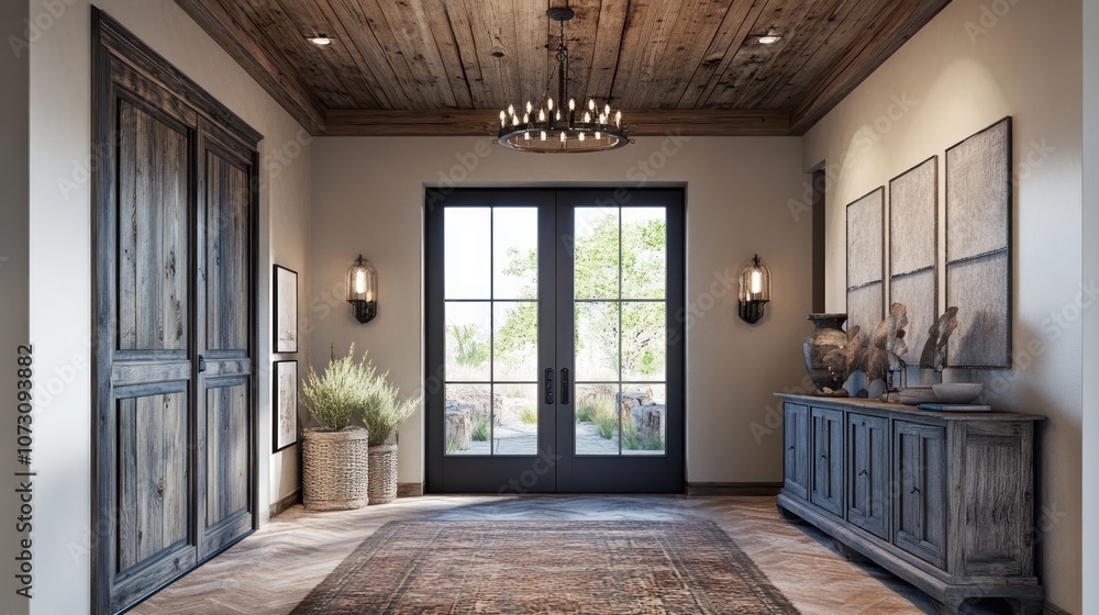 A rustic entryway with a wooden door, a chandelier, and a rug. A rustic entryway with a wooden door, a chandelier, and a rug.
