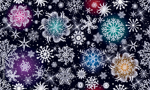 Vector seamless Christmas hand drown colorful pattern with snowflakes and stars and vivid spots on a dark background