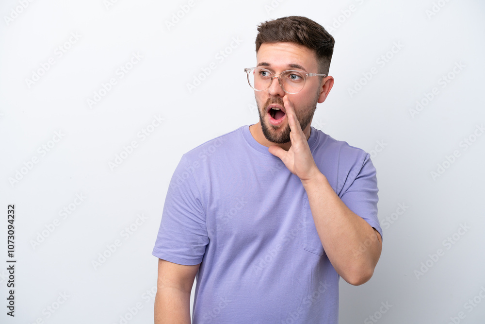 Young caucasian man isolated on white background whispering something with surprise gesture while looking to the side Young caucasian man isolated on white background whispering something with surprise gesture while looking to the side
