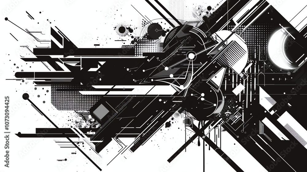 A black and white abstract design with geometric shapes.