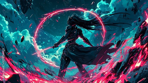 Powerful Sorceress Wielding Neon-Infused Ethereal Energy in Vibrant Futuristic Fantasy Landscape