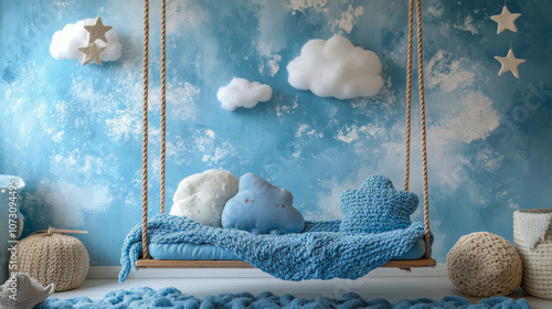 Cozy baby nursery with cloud and star decorations in blue theme photo