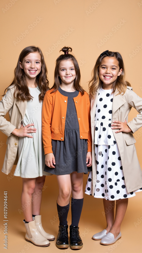 Stylish Young Girls in Trendy Outfits: Playful Fashion Portrait for Children's Clothing Advertising or Lifestyle Blog Stylish Young Girls in Trendy Outfits: Playful Fashion Portrait for Children's Clothing Advertising or Lifestyle Blog