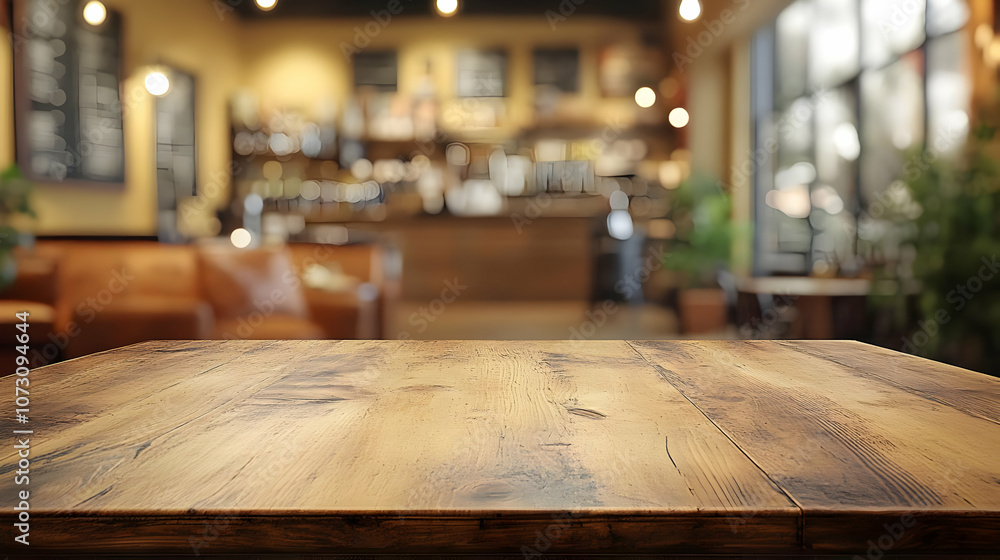 Wooden Tabletop in Blurred Cafe Background Illustration Wooden Tabletop in Blurred Cafe Background Illustration