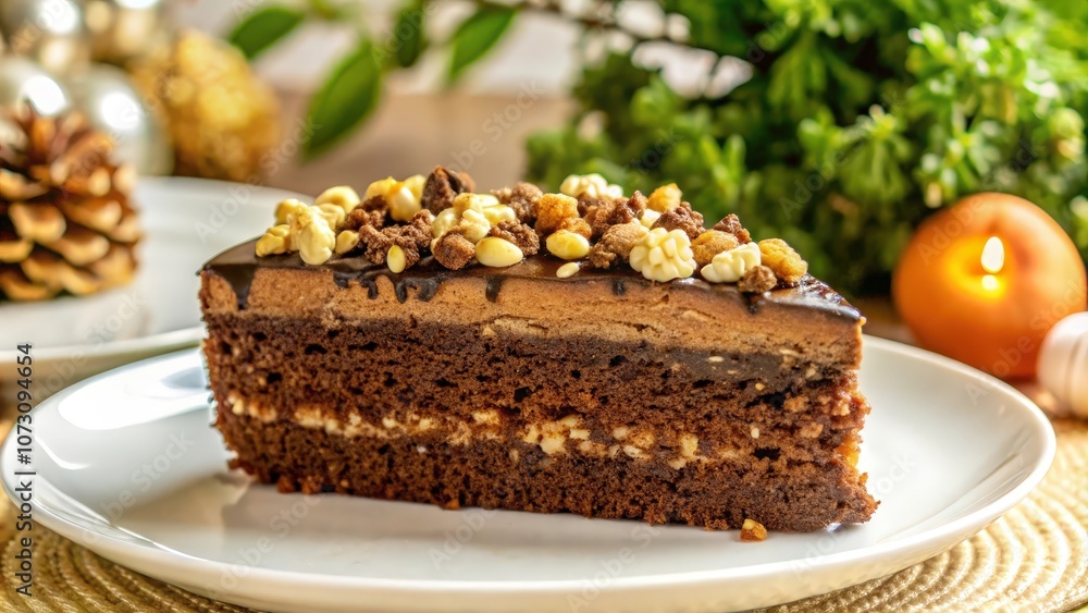 A slice of chocolate cake with white chocolate and nuts, beautifully displayed on a white plate A slice of chocolate cake with white chocolate and nuts, beautifully displayed on a white plate