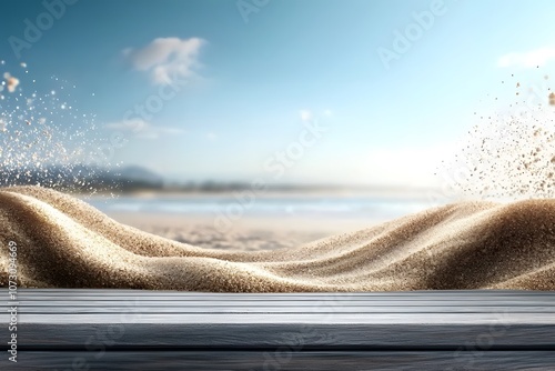 Smooth Gray Toned Wood Table Against a Scenic Background of a Wave and Sand with a Clean Finish Highlighting Calmness and Natural Beauty photo